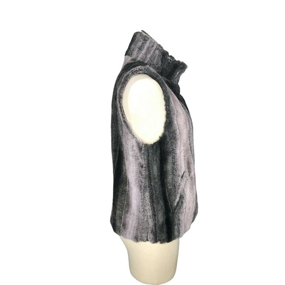 Cejon Faux Fur Vest Womens M Gray Black Hook n Loop High Collar Lined Pockets - Picture 3 of 9